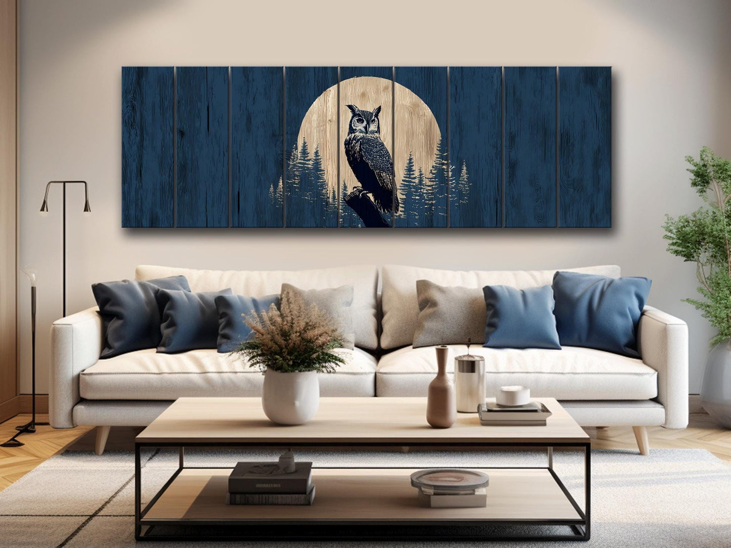Owl Silhouette in Moonlit Forest Print on Wood, Rustic Woodland Wall Art