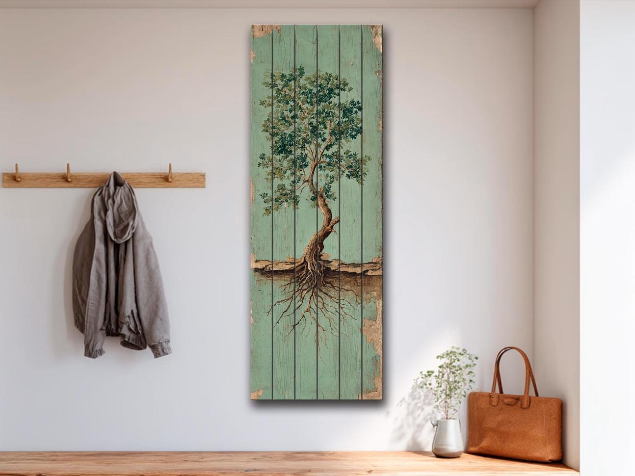 Rustic Tree Painting – Wood Wall Art With Exposed Roots & Nature Wall Decor