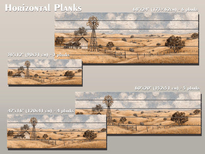 Rustic Farmhouse Wall Art - Wooden Windmill Panoramic Wood Print Decor