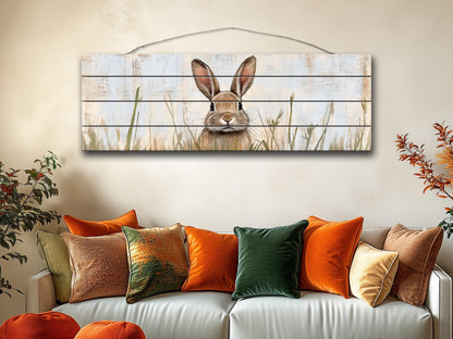 Rustic Wood Wall Art - Rabbit Hiding in Tall Grass Painting Printed on Wood, Hunting Wall Art, Forest Animals Print, Hunting Cabin Decor