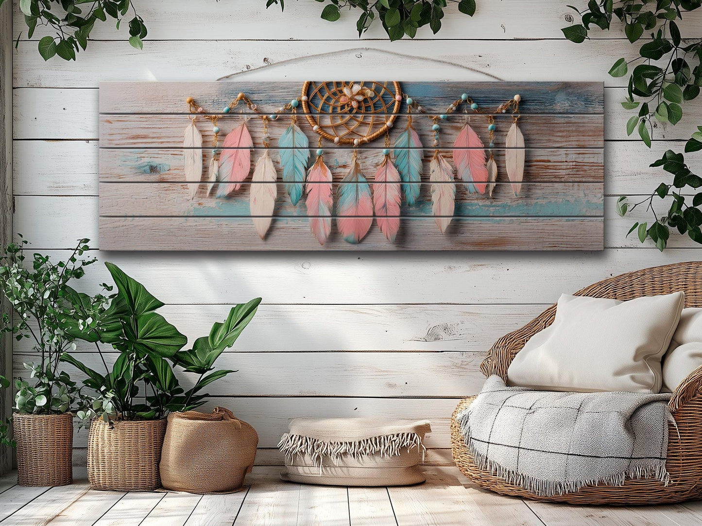 Rustic Wood Wall Art - Boho Dreamcatcher with Feathers and Beads Print on Natural Wood, Bedroom Painting, Boho Wall Art, Bedroom Wall Decor