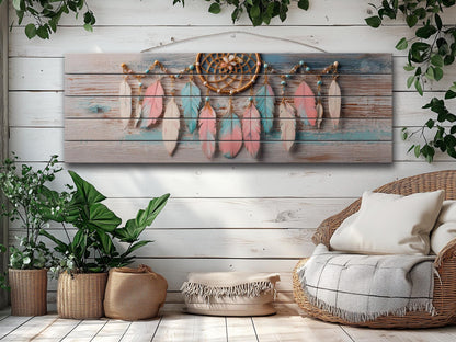 Rustic Wood Wall Art - Boho Dreamcatcher with Feathers and Beads Print on Natural Wood, Bedroom Painting, Boho Wall Art, Bedroom Wall Decor