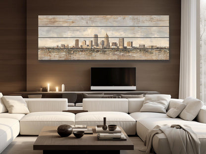 Indianapolis Skyline Wood Print – Rustic Wood Art | Beige Sunlight Painting