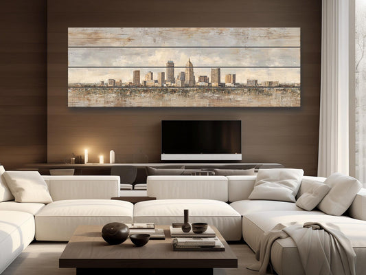 Indianapolis Skyline Wood Print – Rustic Wood Art | Beige Sunlight Painting