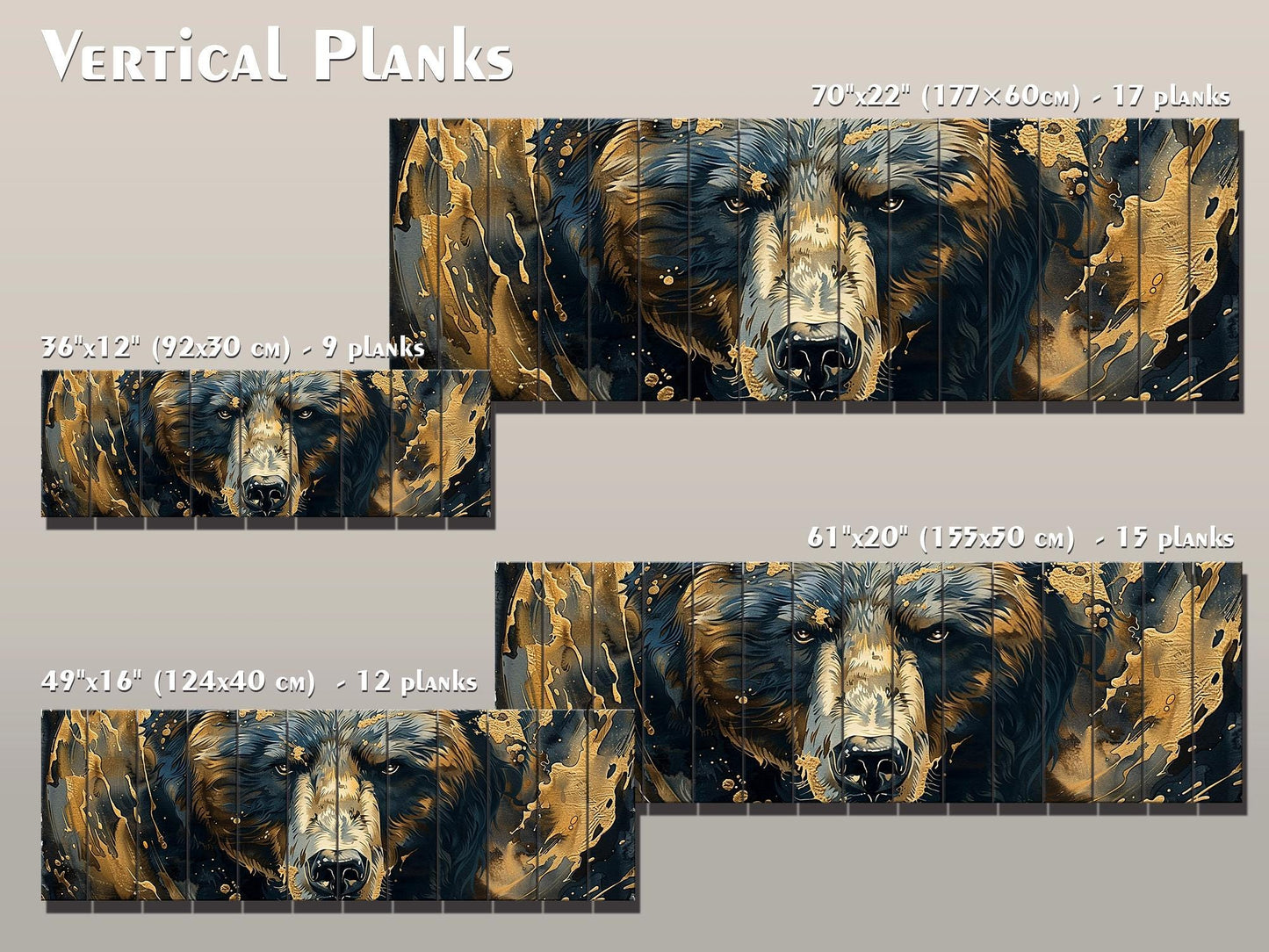 Black Gold Wood Art – Natural Wood Print with Abstract Black and Gold Bears
