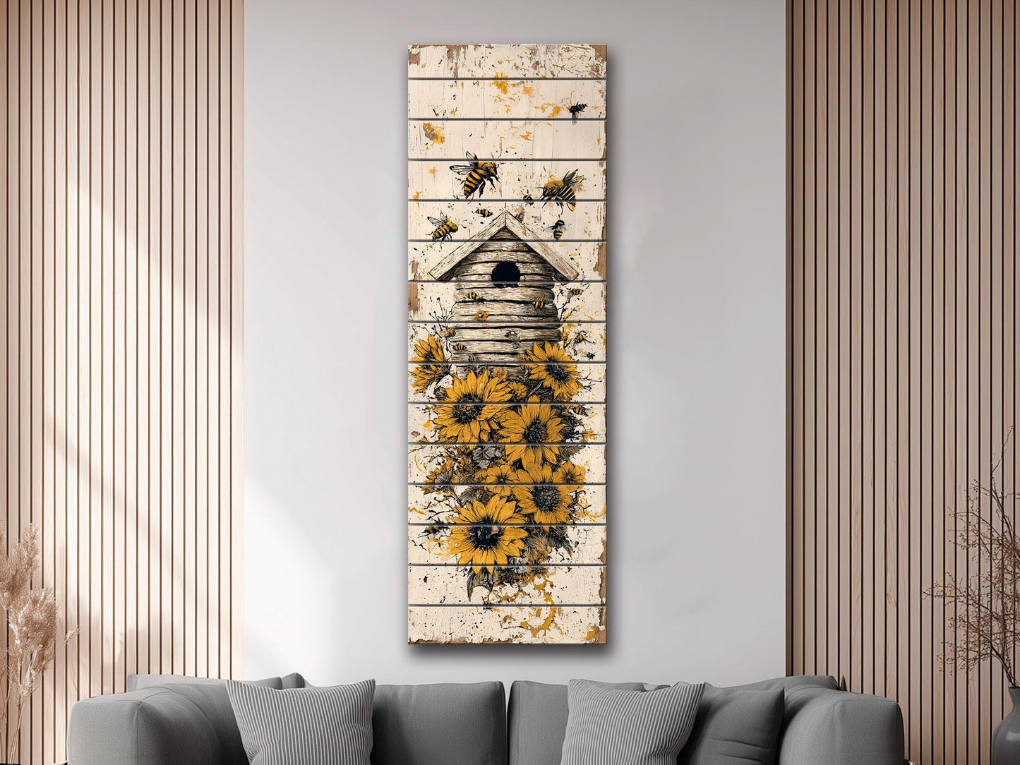 Rustic Wood Wall Art – Beehive Wood Print with Sunflower Floral Decor – Farmhouse Style