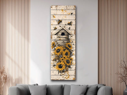 Rustic Wood Wall Art – Beehive Wood Print with Sunflower Floral Decor – Farmhouse Style