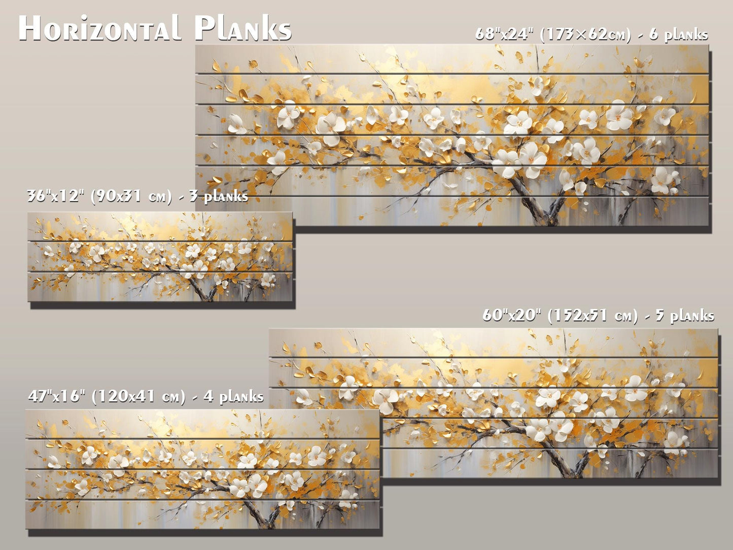 Abstract Gold and White Blossom Tree Print On Natural Wood