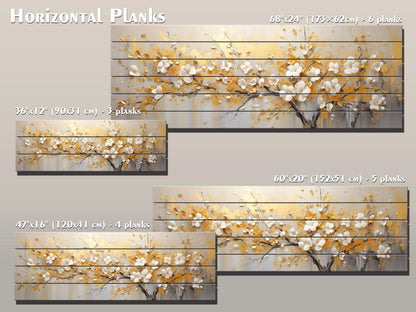 Abstract Gold and White Blossom Tree Print On Natural Wood