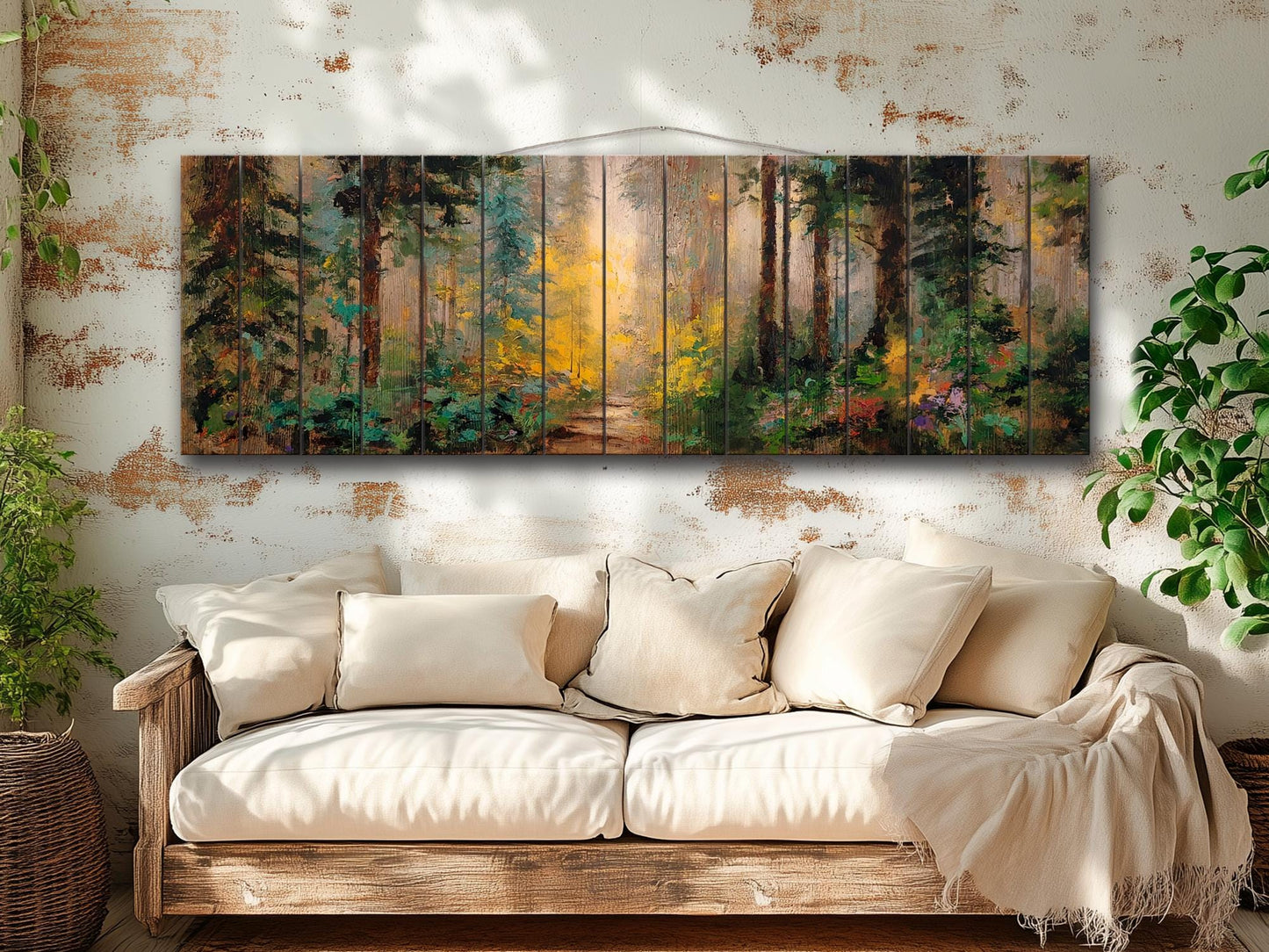 Mystical Forest Path Bathed in Golden Morning Light Print on Wood, Rustic Forest Painting, Cozy Cabin Wall Decor, Wood Wall Art