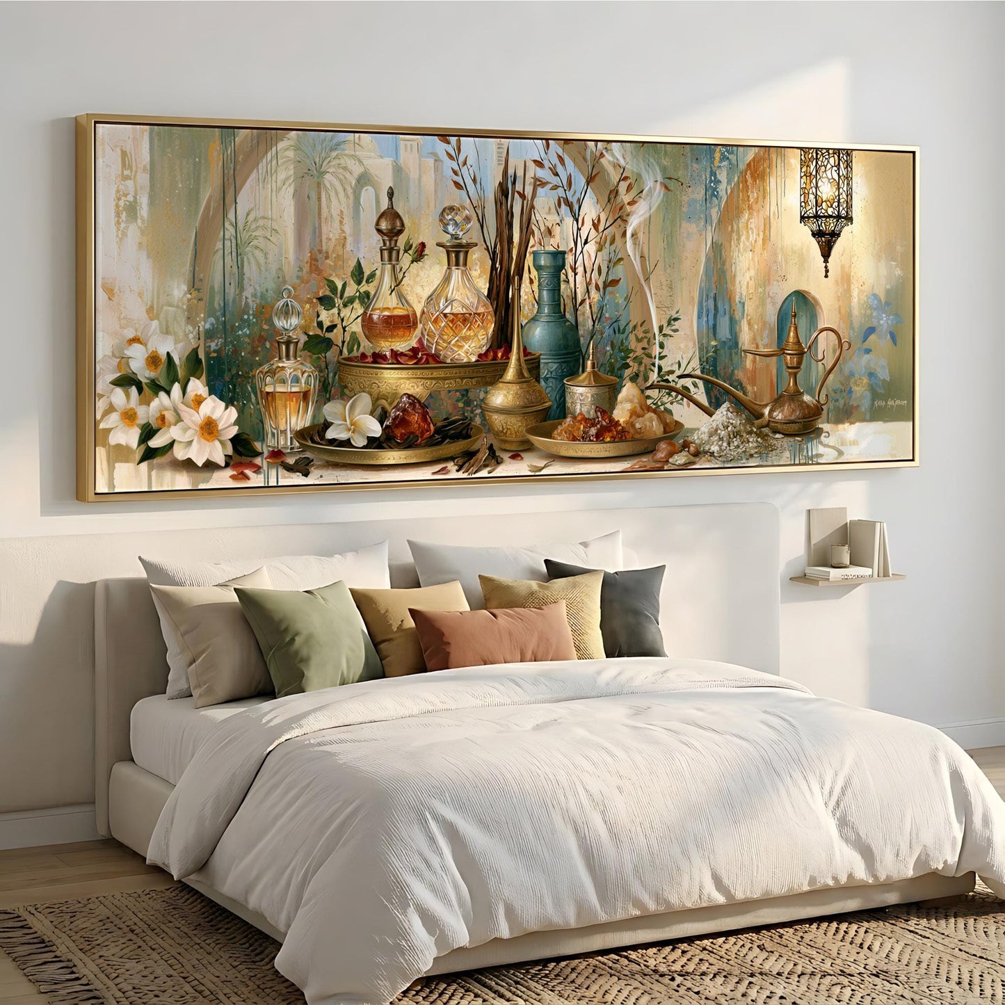 a large painting of a table with various objects, including vases, bottles, and flowers, displayed on a wall above a bed with white bedding.