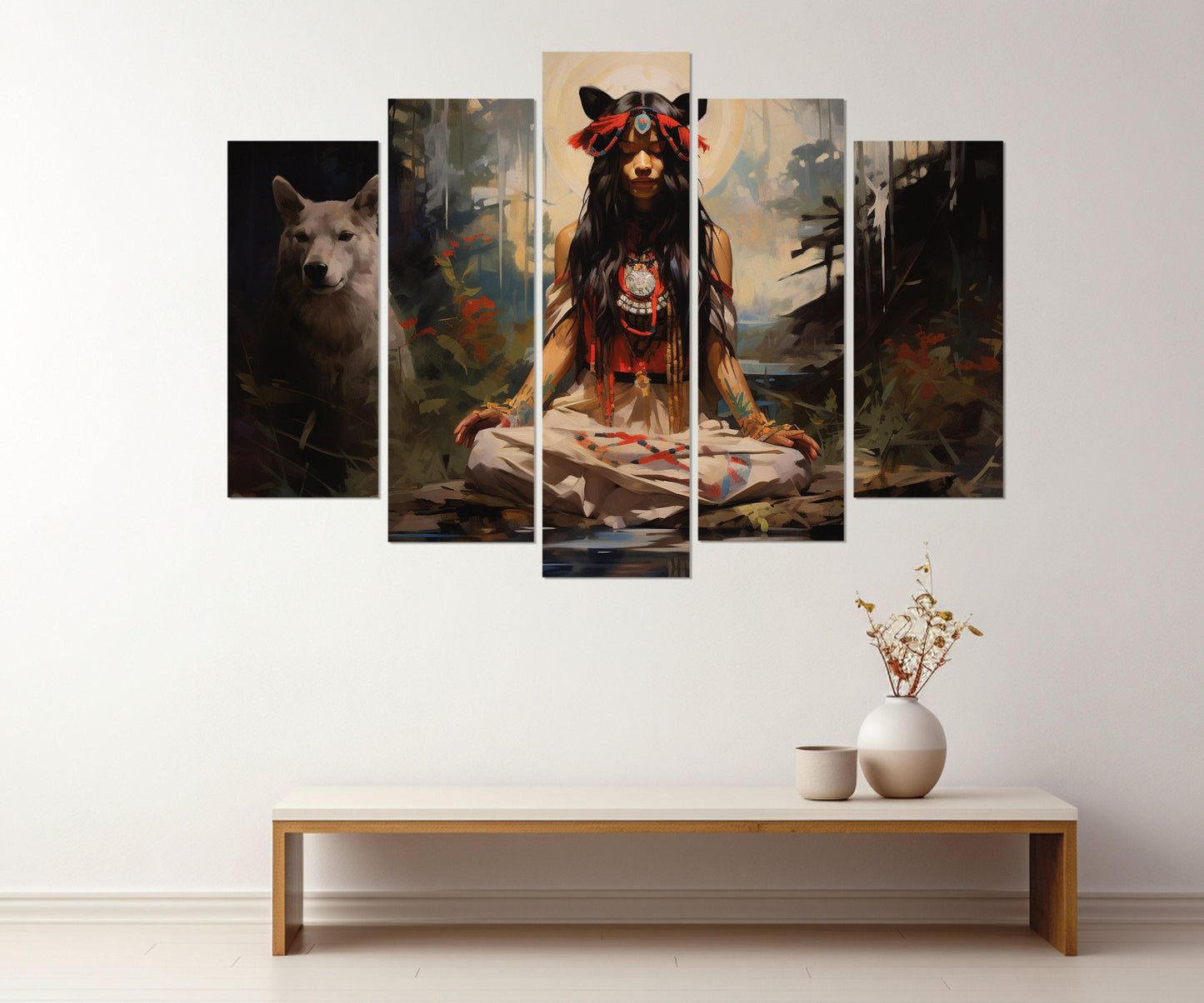 Native American Wall Art – American Indian Painting on High Quality Cotton Canvas, Ready to Hang