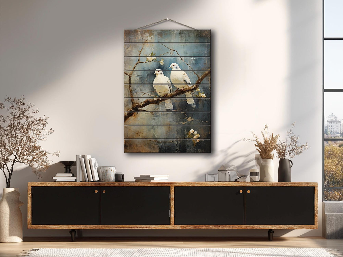 Romantic Wood Wall Art | Rustic Love Artwork Featuring Two White Pigeons on UV Printed Wood