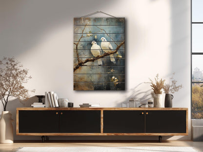 Romantic Wood Wall Art | Rustic Love Artwork Featuring Two White Pigeons on UV Printed Wood