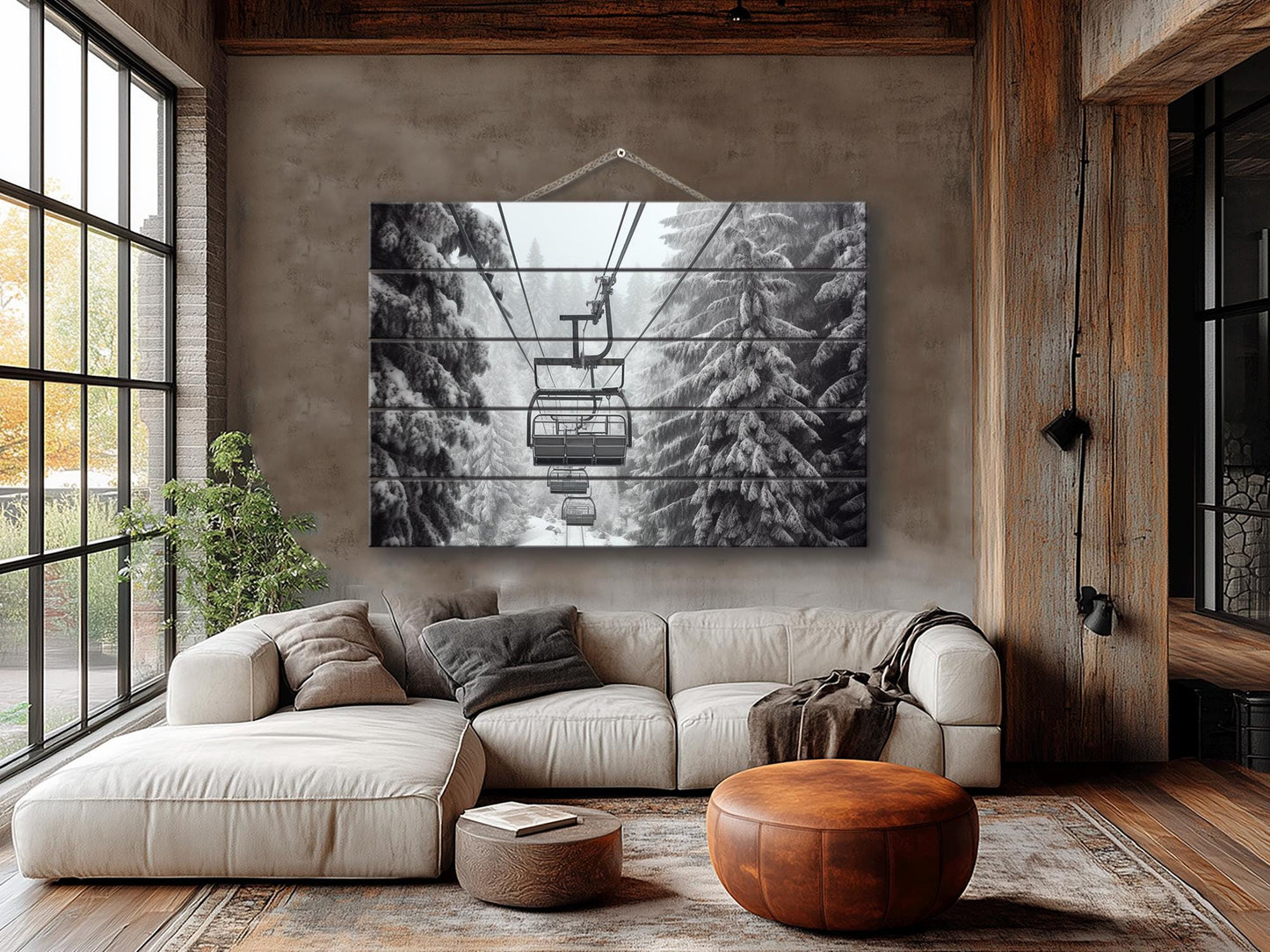 Rustic Wood Wall Art – Scenic Ski Lift Print | Natural Wood Plank Painting