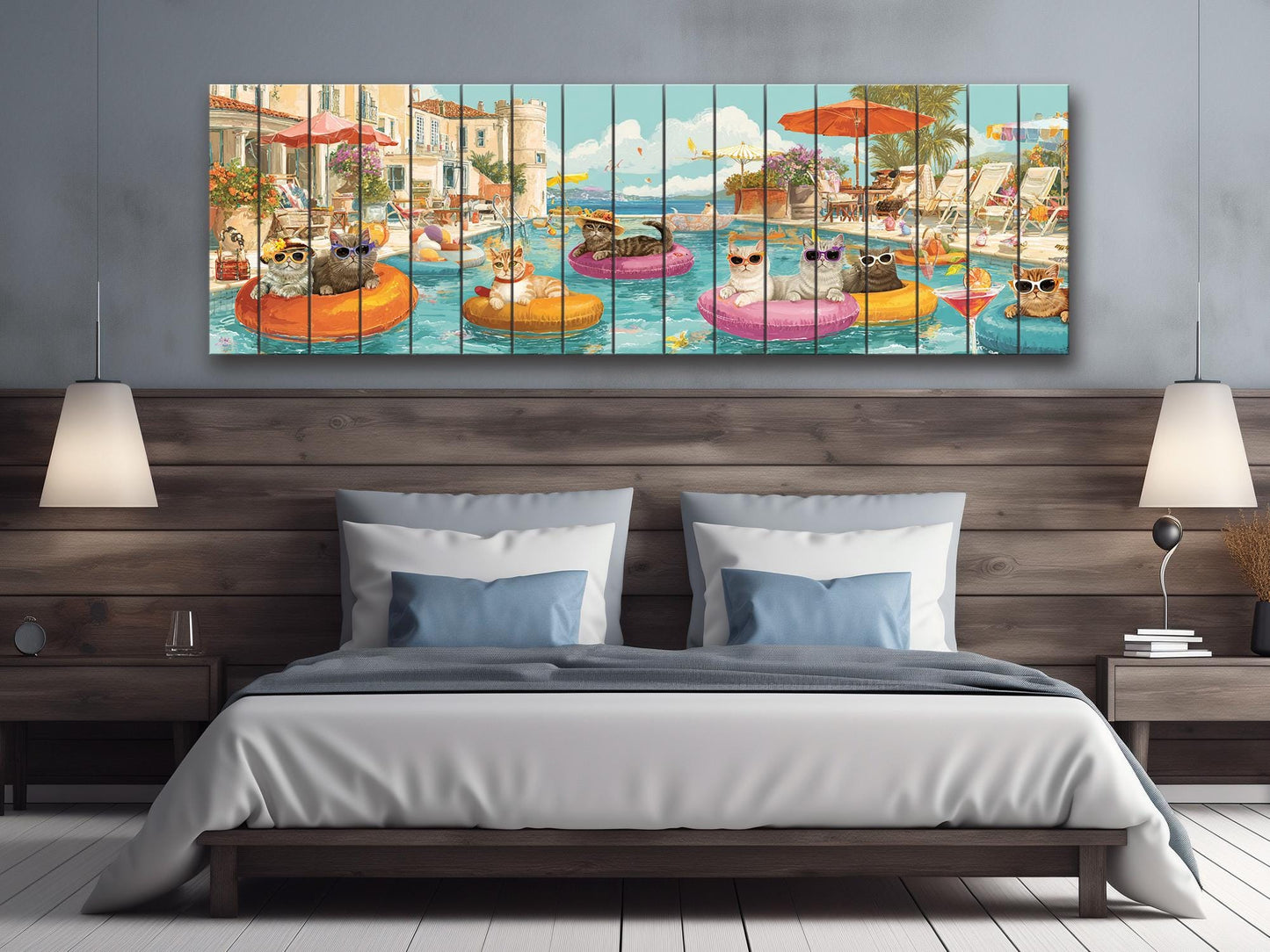 Cat Pool Party Print – Funny Summer Wall Art on Rustic Wood Decor