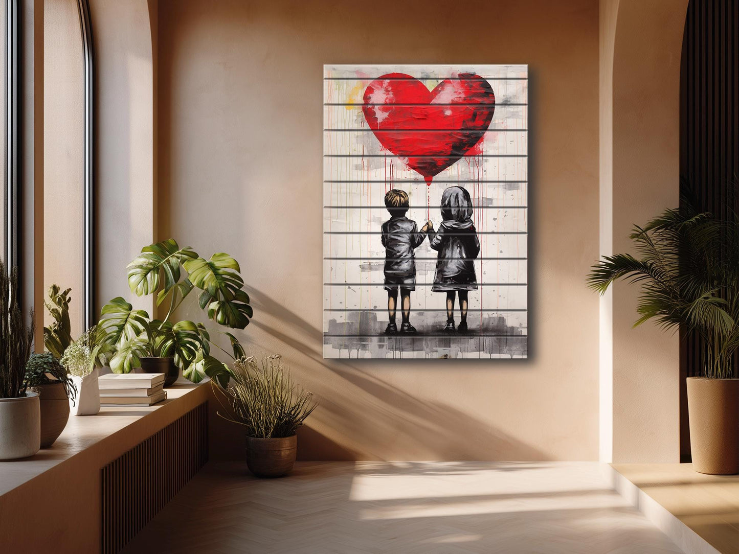 Wood Wall Art – Girl And Boy Balloon Graffiti Wood Print | Banksy Style Urban Decor