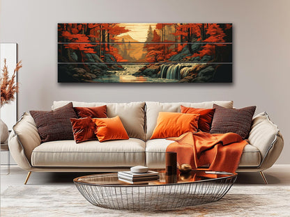 Rustic Autumn Wall Art - Wooden Waterfall Painting on Natural Wood Planks