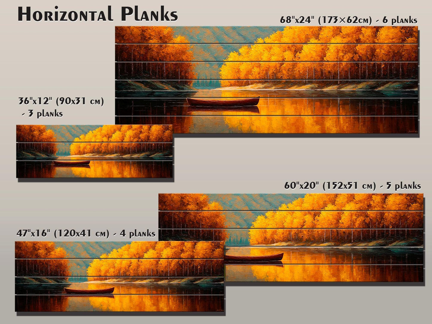 Wood Wall Art – Tranquil Lake Canoe Print on Natural Wood with Rustic Autumn Landscape