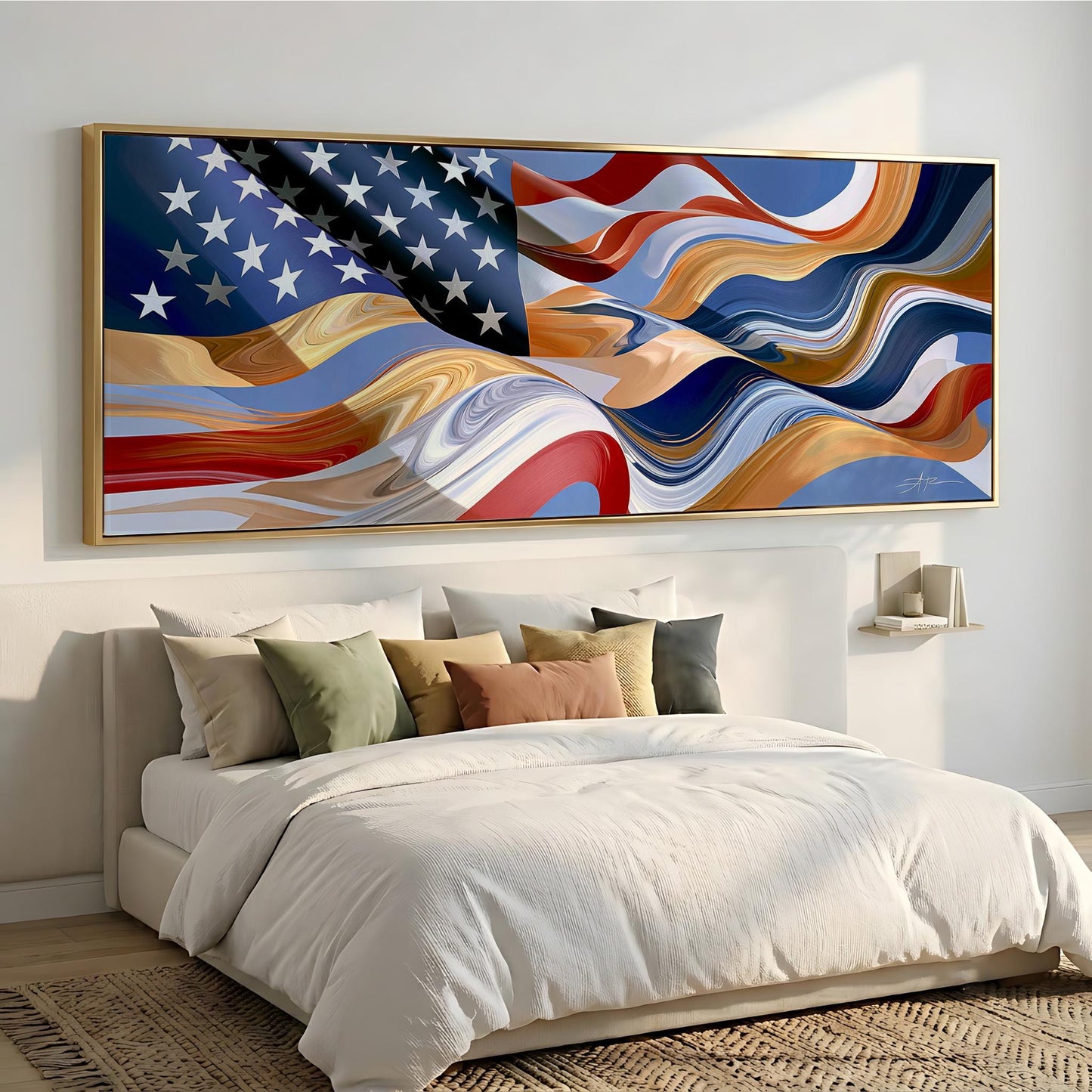 a large, colorful painting of the American flag hanging above a bed with white bedding and pillows.