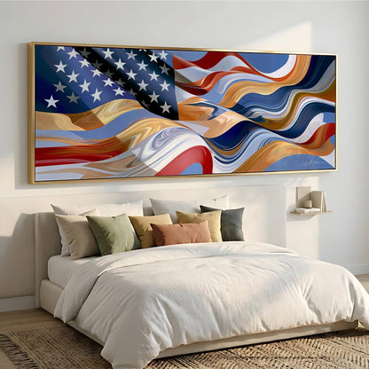 a large, colorful painting of the American flag hanging above a bed with white bedding and pillows.