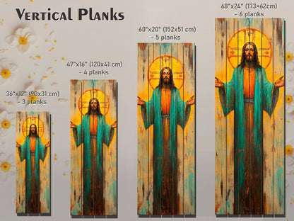 Jesus Christ with Open Arms Painting on Natural Wood – Rustic Religious Print, Christian Wall Decor, Biblical Wall Art, Church Wall Decor