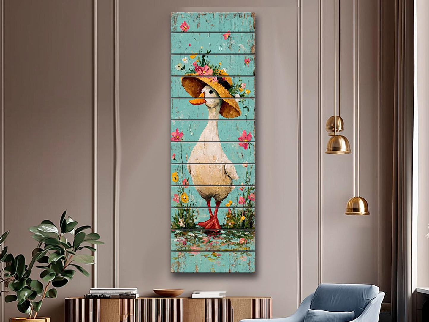 Rustic Wood Wall Art – Country Duck in Hat Printed on Wood – Rustic Spring Wall Art – Farmhouse Animal Decor