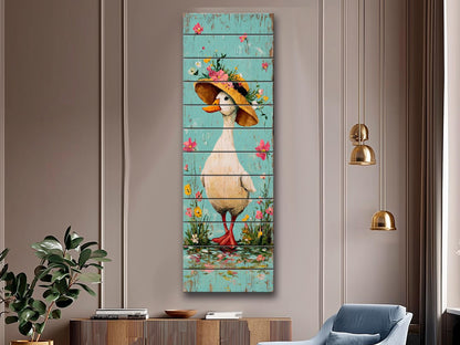 Rustic Wood Wall Art – Country Duck in Hat Printed on Wood – Rustic Spring Wall Art – Farmhouse Animal Decor