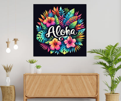 Aloha Wall Art, Colorful Hawaii Sign Canvas Print, Framed and Ready to Hang