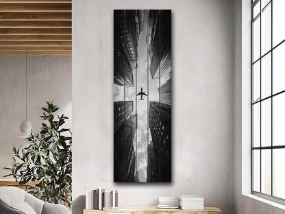 Airplane Print on Wood – Black and White Cityscape Wood Print | Urban Wall Decor