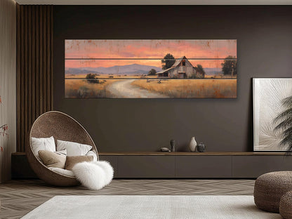 Rustic Barn Wall Art – Handcrafted Wood Print of Peaceful Country Barn at Sunset
