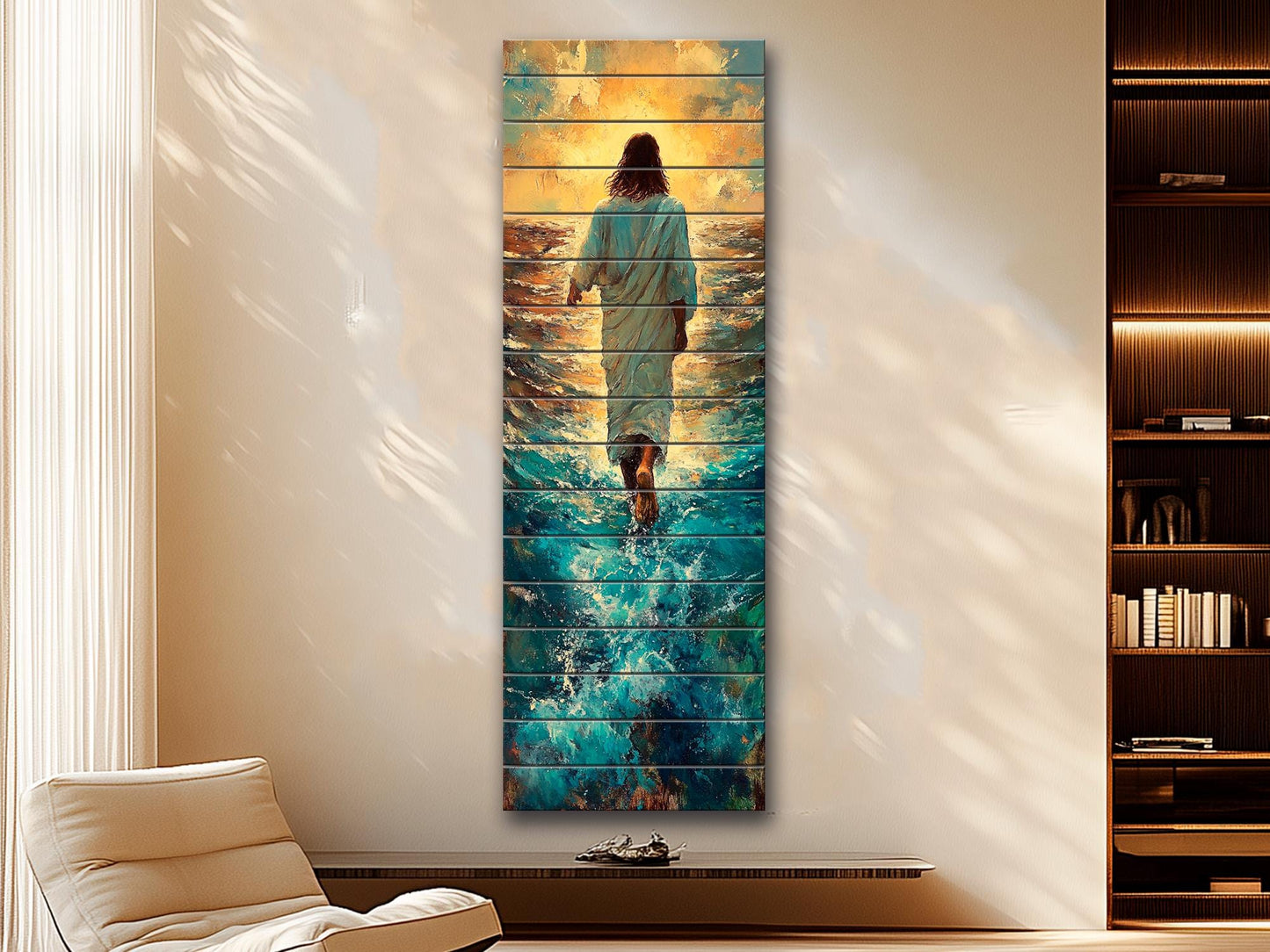 Wood Wall Art – Jesus Walking on Water Print on Natural Wood – Christian Rustic Print – Religious Wall Art, Biblical Wall Decor