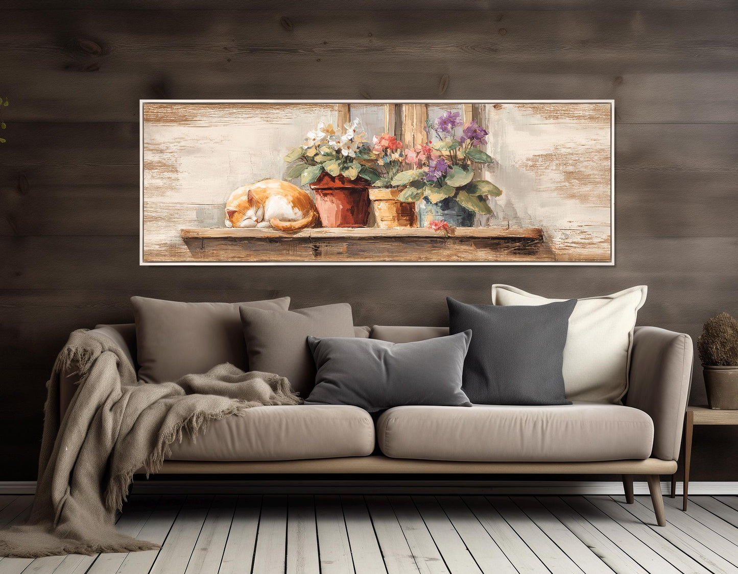 Sleeping Cat Canvas Print – Rustic Farmhouse Decor | Framed Canvas Wall Art