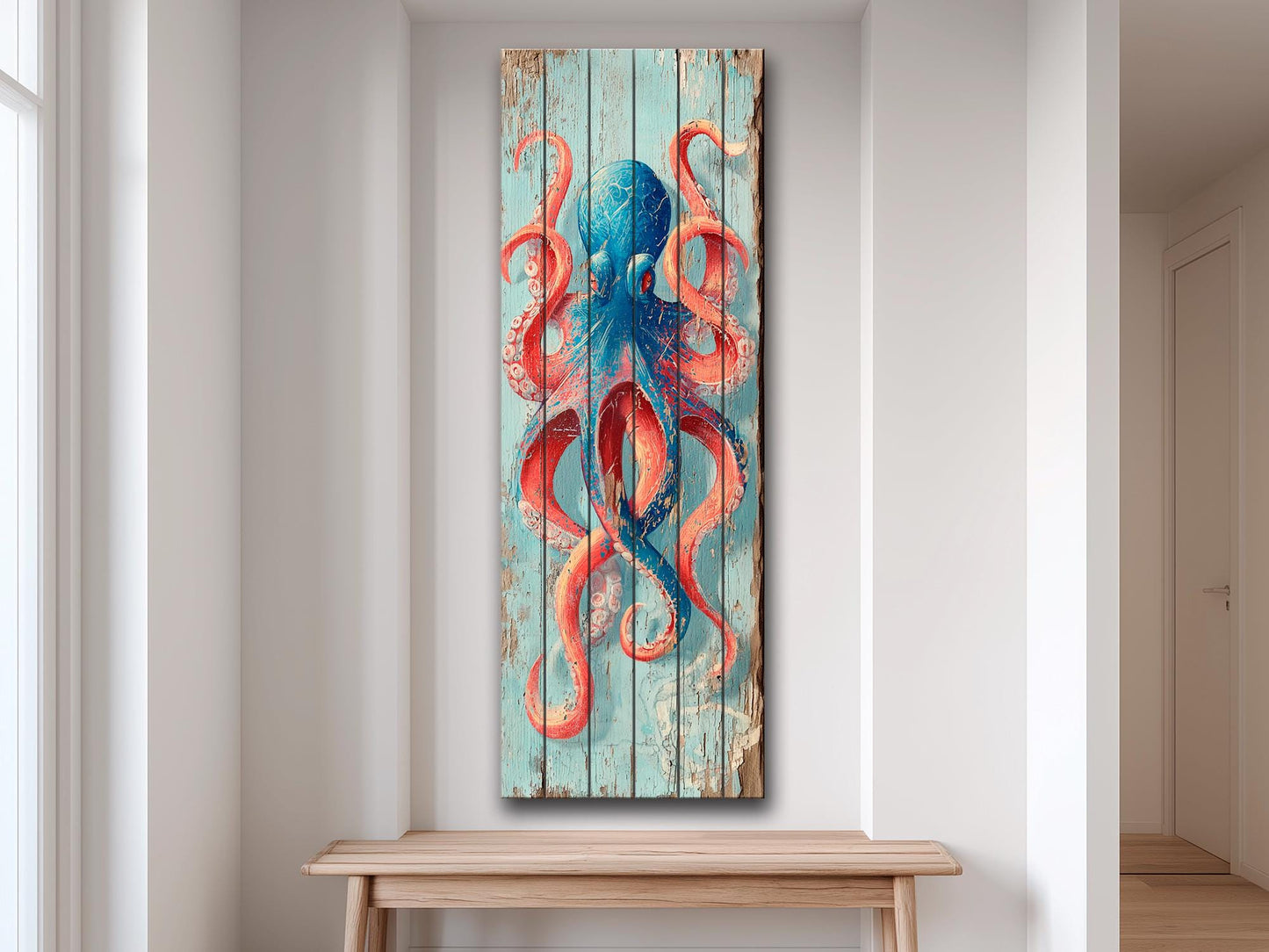 Octopus Wood Art – Colorful Nautical Wall Art | Coastal Sea Painting on Natural Wood