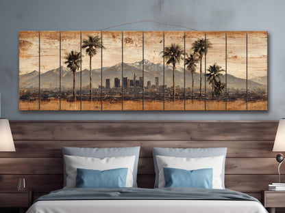 Los Angeles Wood Art - Rustic Wood Print With Palm Trees & Mountains | Farmhouse Wall Decor