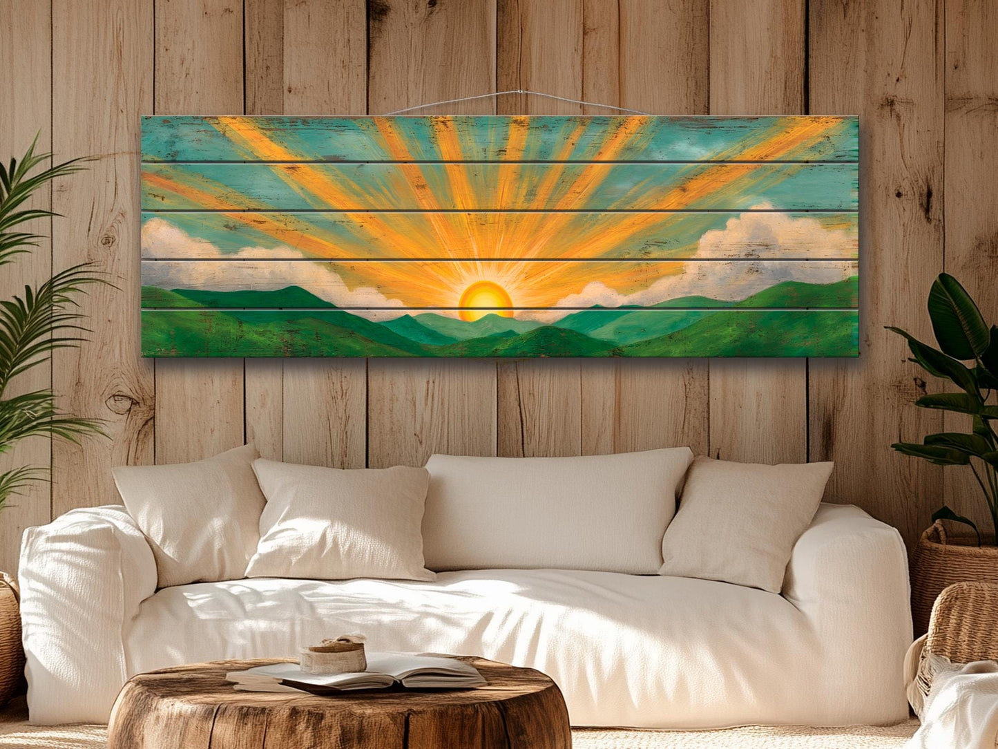 Boho Rustic Wood Print – Rolling Hills Wall Art | Warm Tones Rustic Wall Decor