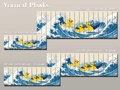 Rubber Ducks on The Great Wave off Kanagawa Print on Natural Wood – Fun Wall Art
