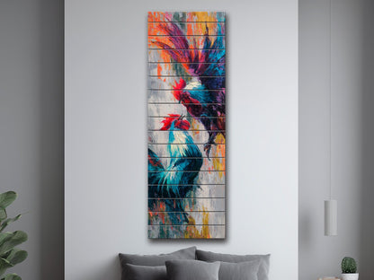 Cockfight Wall Art - Rustic Wood Decor | Vibrant Farm Scene & Bold Impasto Painting