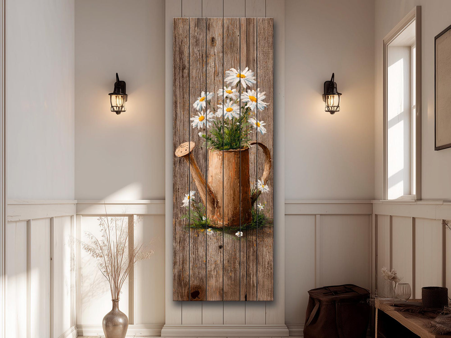 Rustic Wood Wall Art – Farmhouse Wall Decor | Watering Can & Daisy Floral Print
