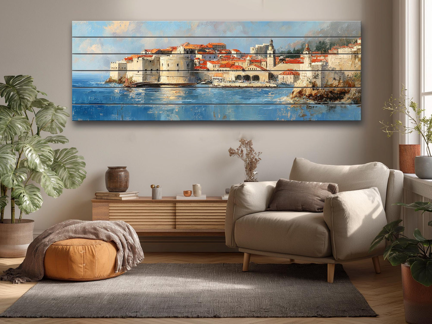 Dubrovnik Wood Print – Rustic Coastal Wall Art With Beige Sunlight Painting