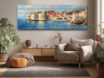 Dubrovnik Wood Print – Rustic Coastal Wall Art With Beige Sunlight Painting