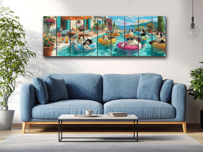 Funny Cat Wall Art – Playful Cat Pool Party Print on Rustic Wood Decor