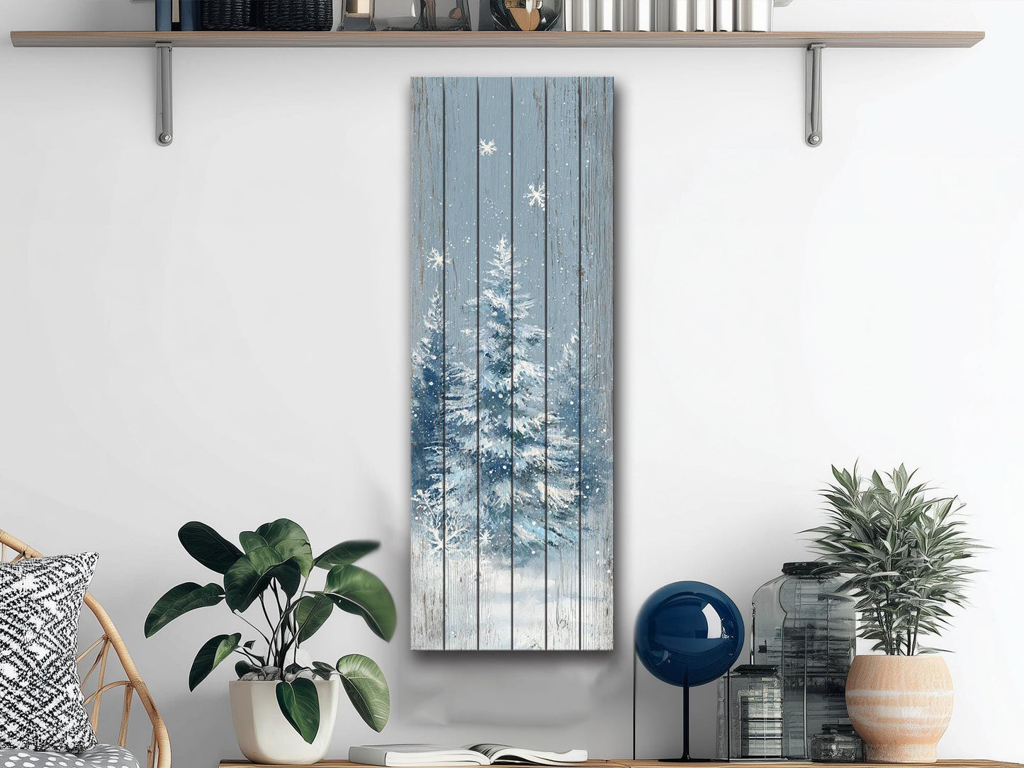 Rustic Wall Art – Snowy Forest Print on Wood Plank | Natural Wood Decor