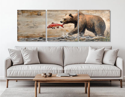 Grizzly Bear Canvas Print – Rustic Bear Painting | Fishing Lodge Decor, Ready to Hang