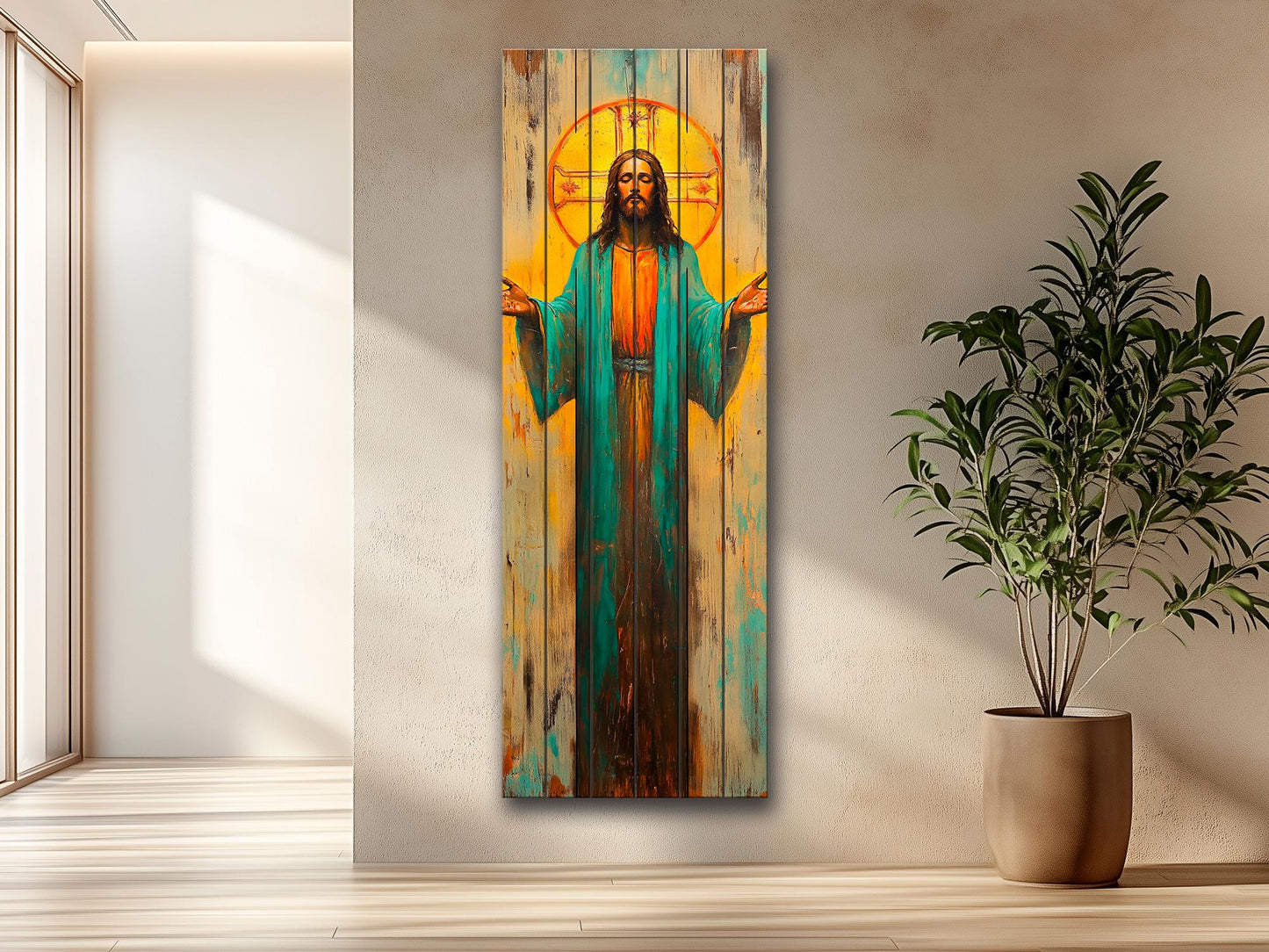 Jesus Christ with Open Arms Painting on Natural Wood – Rustic Religious Print, Christian Wall Decor, Biblical Wall Art, Church Wall Decor