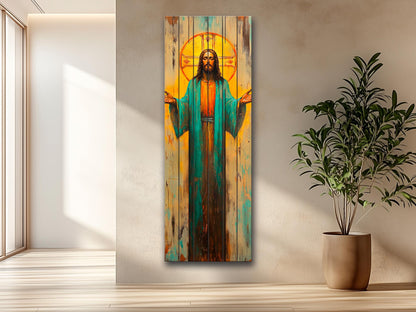 Jesus Christ with Open Arms Painting on Natural Wood – Rustic Religious Print, Christian Wall Decor, Biblical Wall Art, Church Wall Decor
