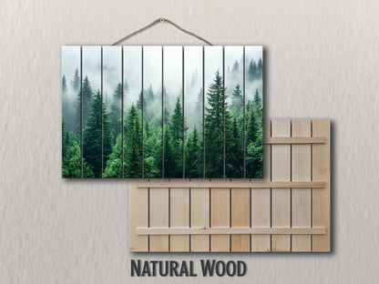 Rustic Wood Wall Art - Pine Forest Print on Natural Wood Planks | Misty Foggy Decor