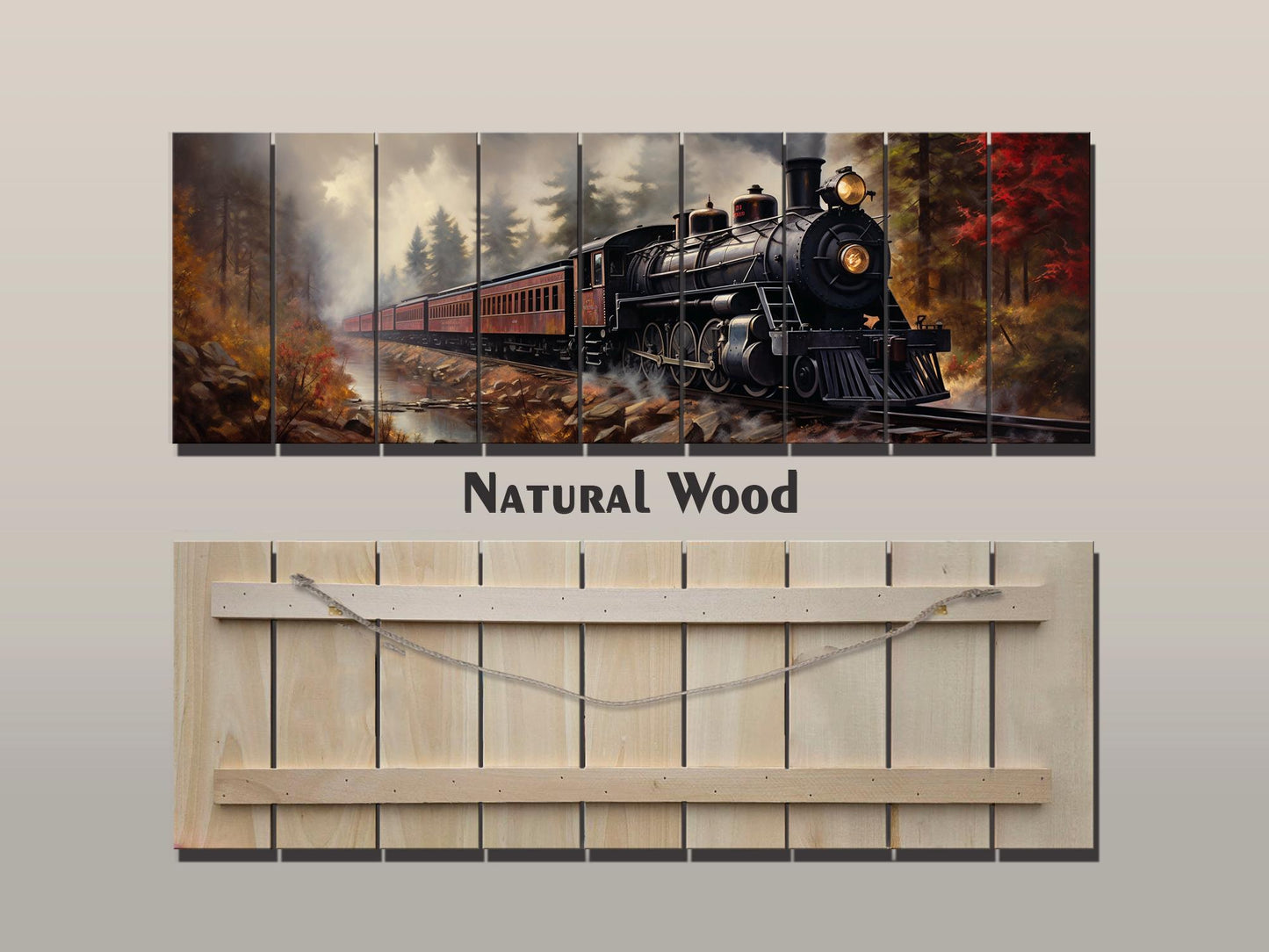Rustic Steam Train Painting – Natural Wood Wall Art With Unique Wood Grain