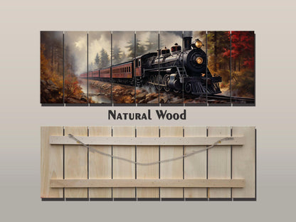 Rustic Steam Train Painting – Natural Wood Wall Art With Unique Wood Grain