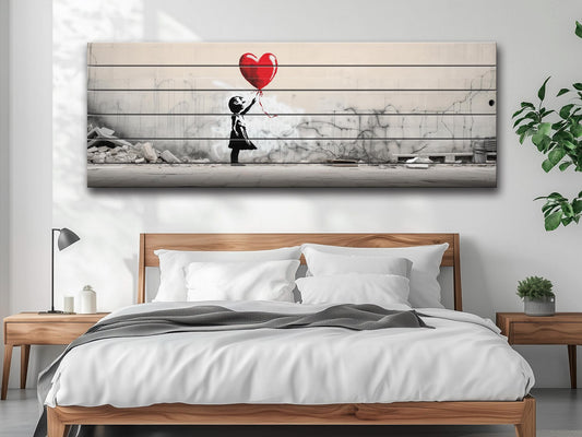 Wood Wall Art – Banksy Style Balloon Girl Poster | Rustic Wood Panel Decor